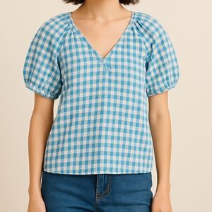 J Crew Blue And White Gingham Top With Puff‎ Sleeves Size XXS